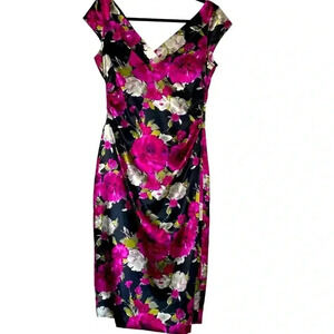 MAGGIE LONDON Fuchsia multicolored floral drape silky sheath dress size 10